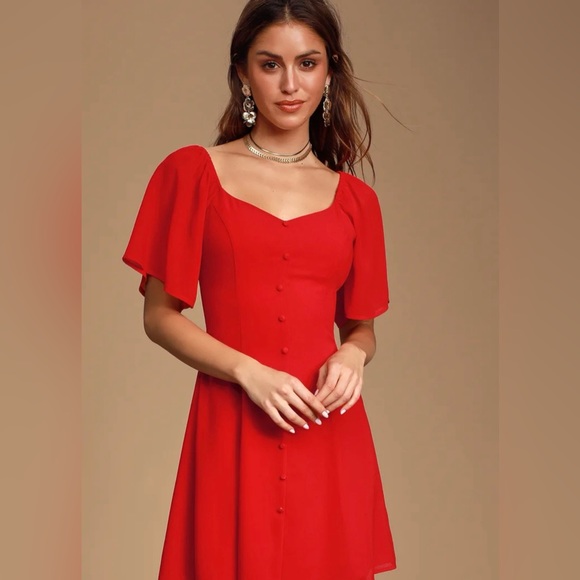 Lulus Dresses & Skirts - Darcie Red Button-Front Short Sleeve Dress. Size L